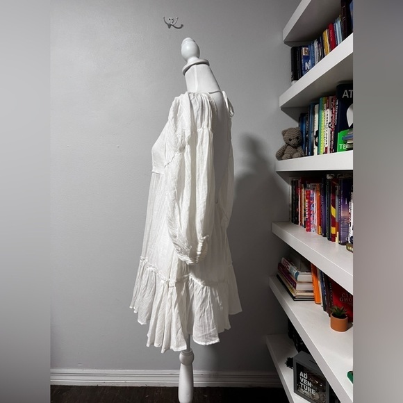 Free People Puff Sleeve Cute Button Front Tunic Mini Dress white Sz small - Picture 6 of 12